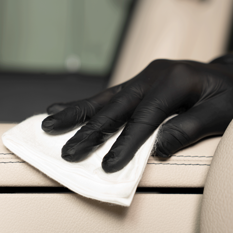 handschuh, schwarzer schutz, reinigen, tuch, autoinnenraum