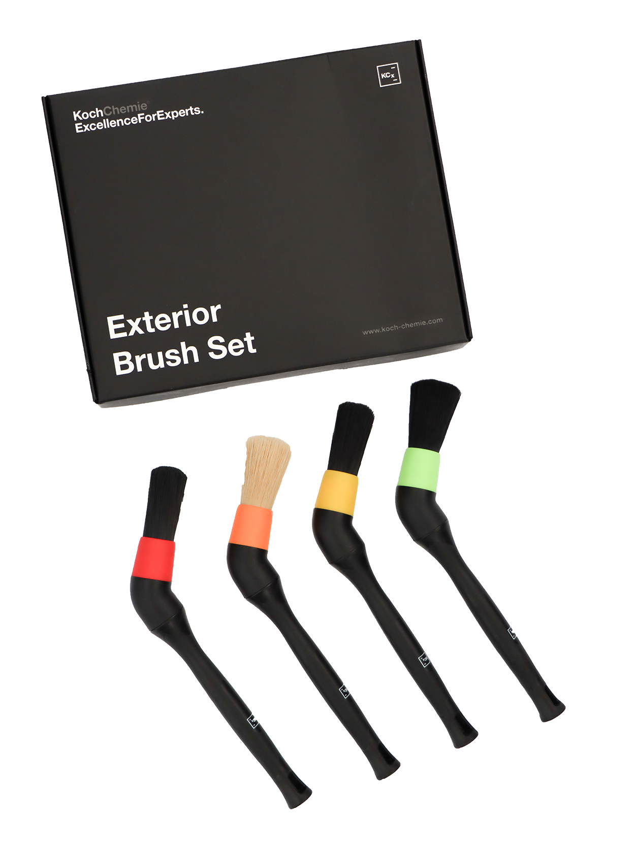 exterieur borstelset, kwasten, borstelgrepen, zwart koffertje, kleurbanden
