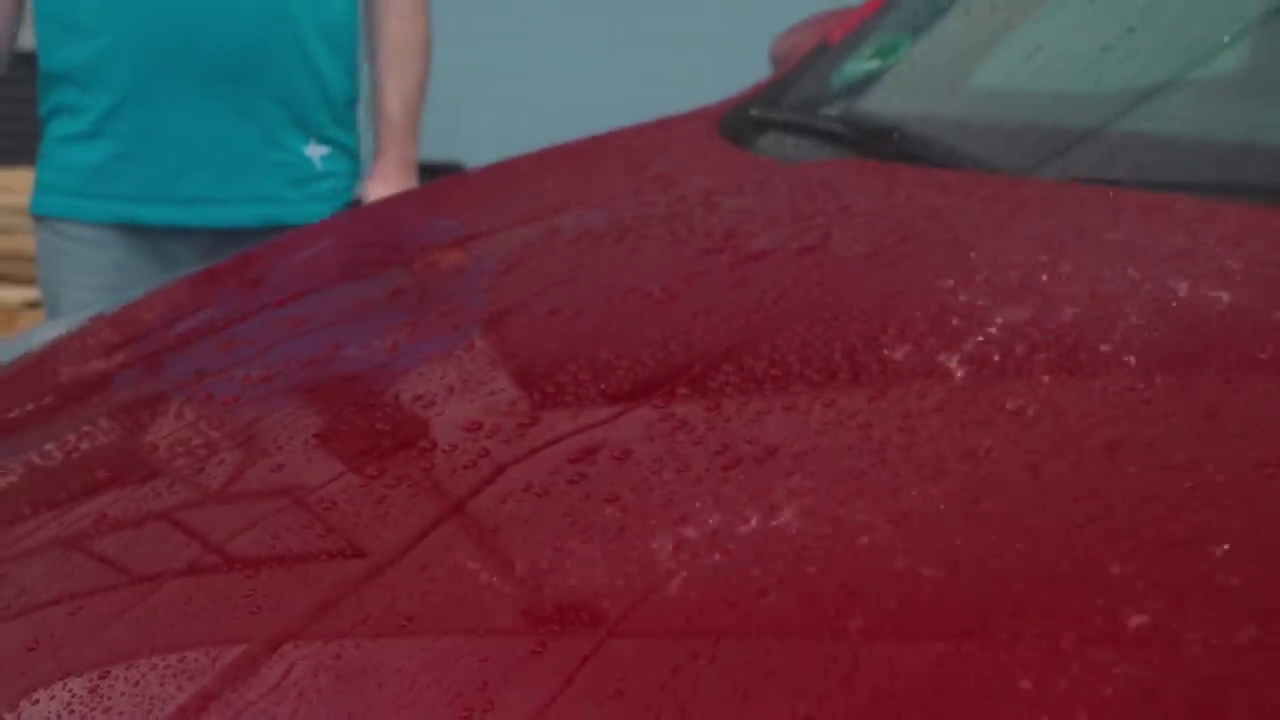 auto, rode auto, waterdruppels, glanzende lak, voorruit