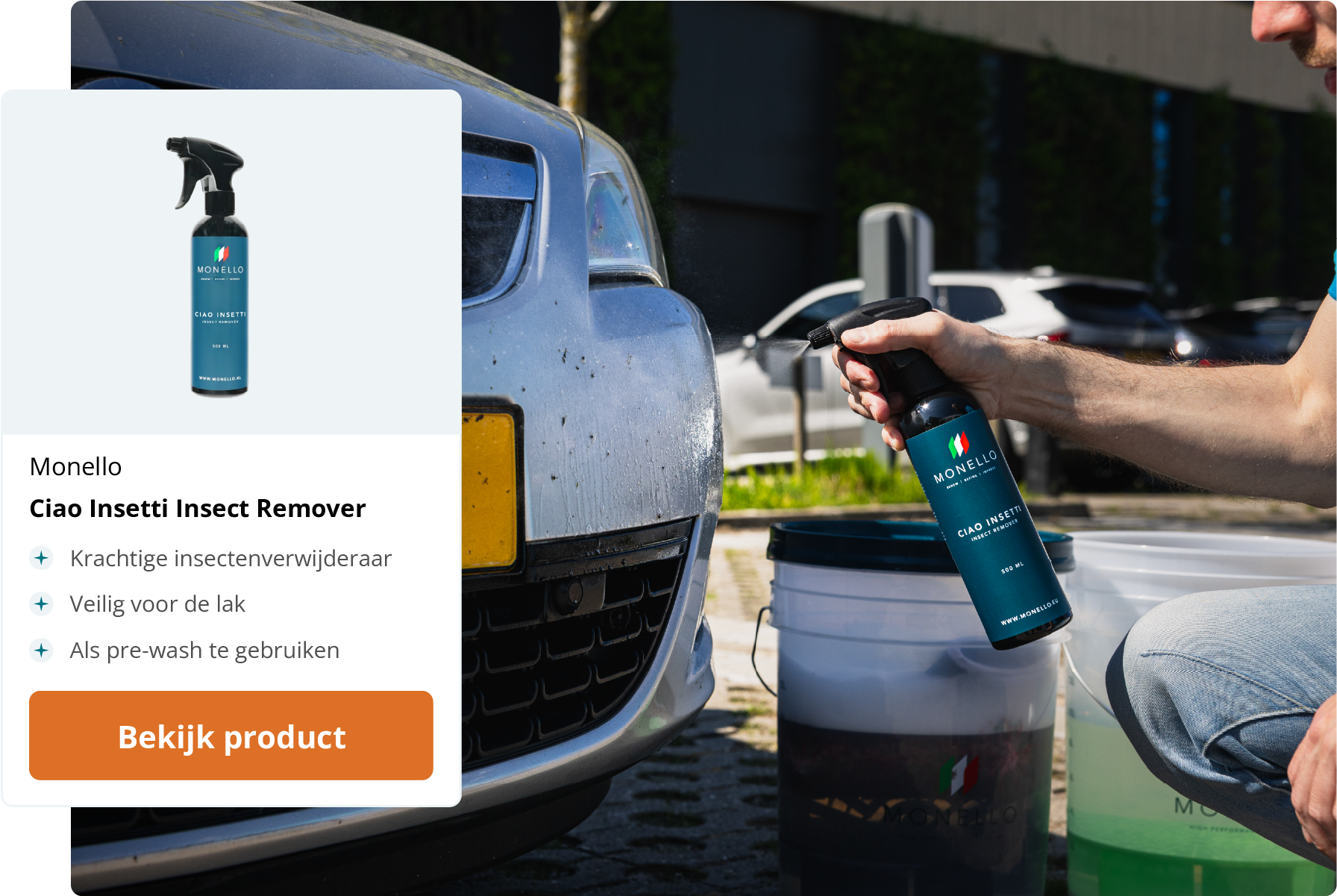 INSECT REMOVER, REINIGINGSSPROEI, AUTO DETAILING, BLAUWE FLES, VOORWASLADE GEBRUIK