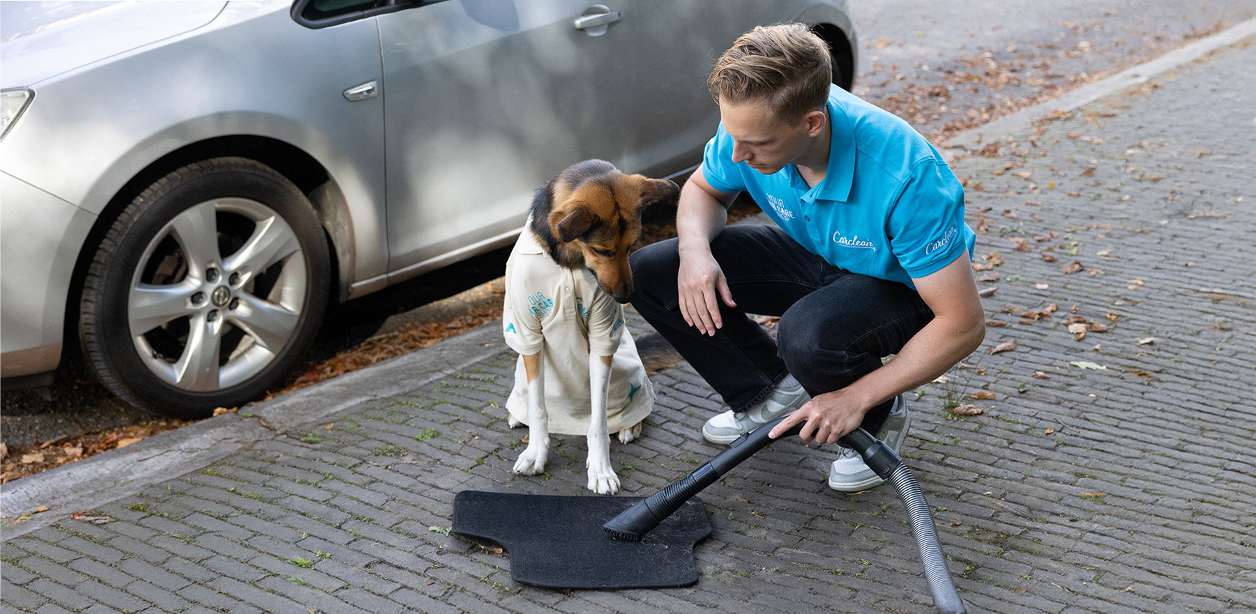 hondenhulp, auto stofzuiger, hondenjas, tuinreiniging, grijze auto