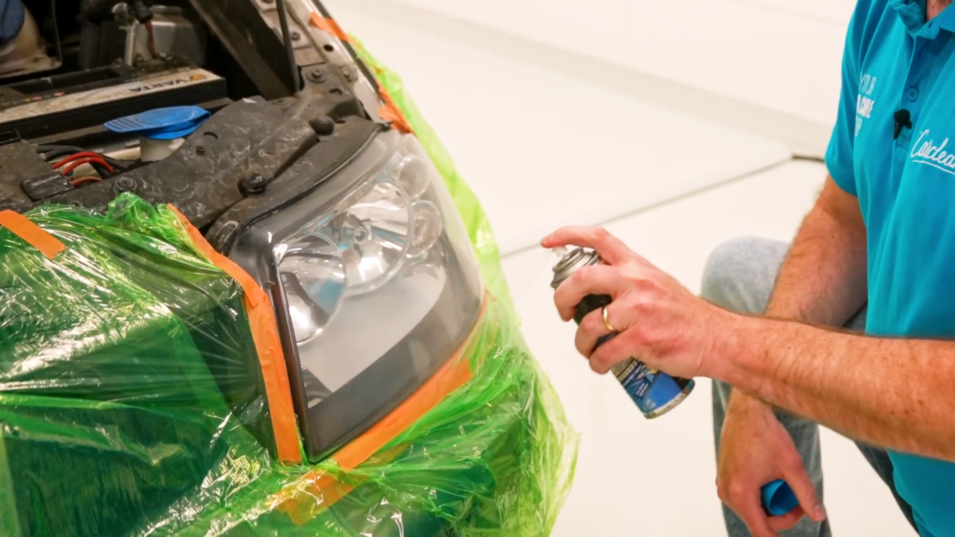 auto-part, koplamp, auto, groene wrap, afdichtingstape