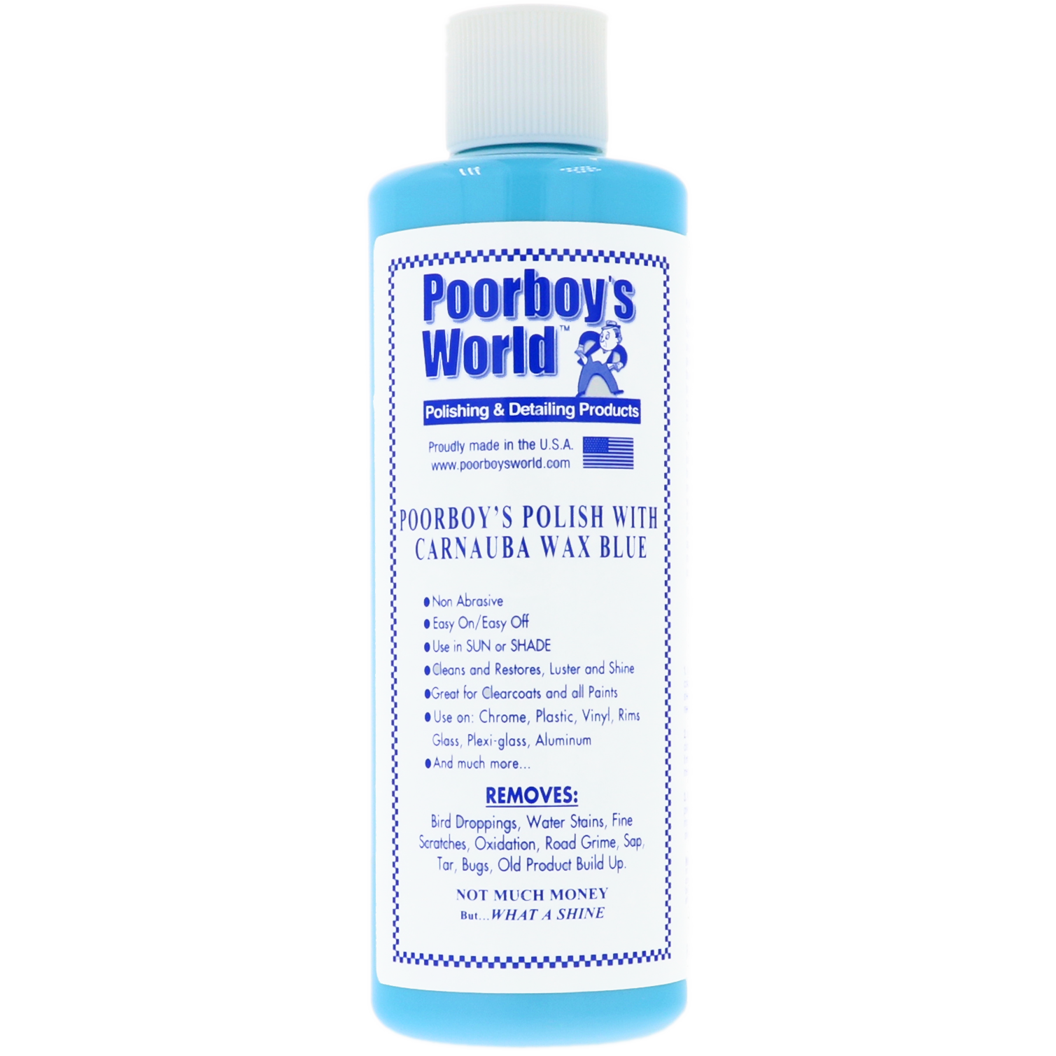 polijstmiddel, carnaubawas, blauwe vloeistof, fles, etiket tekst