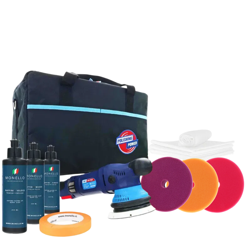 polishing kit, drill, orbital sander, polishing pads, magnetic bag