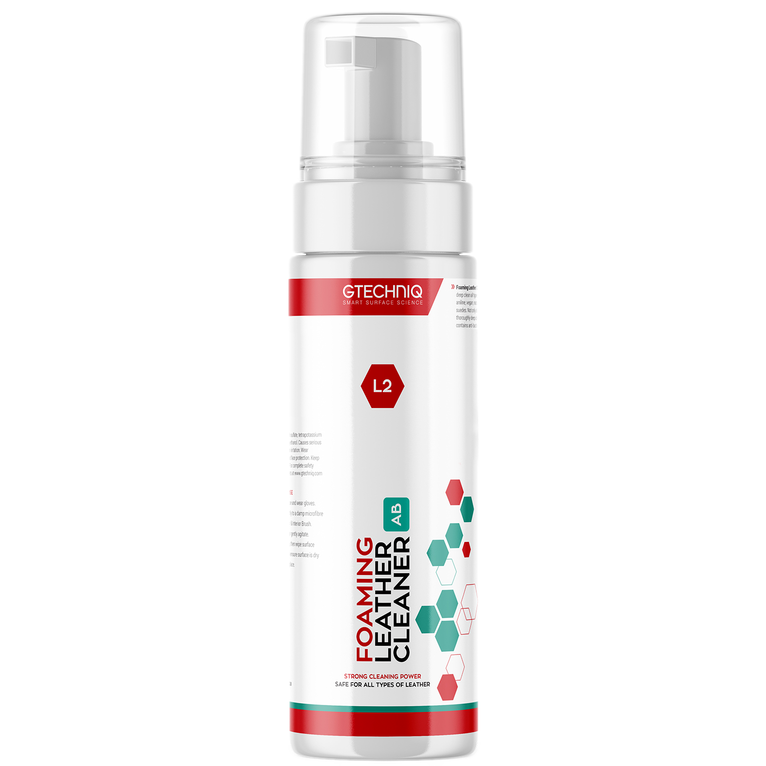 foaming cleaner, leather cleaner, spray, white bottle, hexagon logo