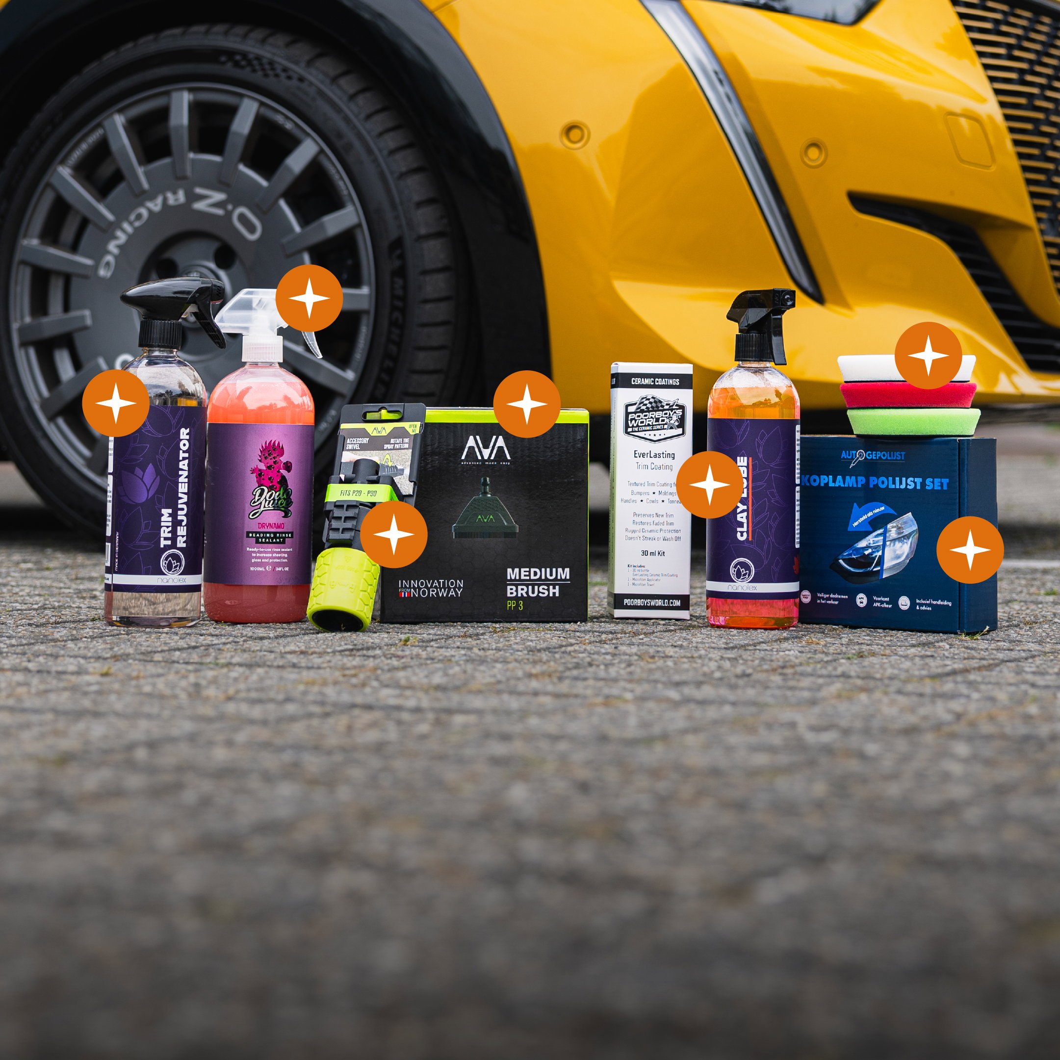 auto detailing, car care, polish bottle, cleaning spray, trim brush